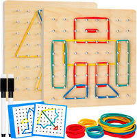 Heelwire wooden geoboard with colored rubber bands stretched into shapes and pattern cards