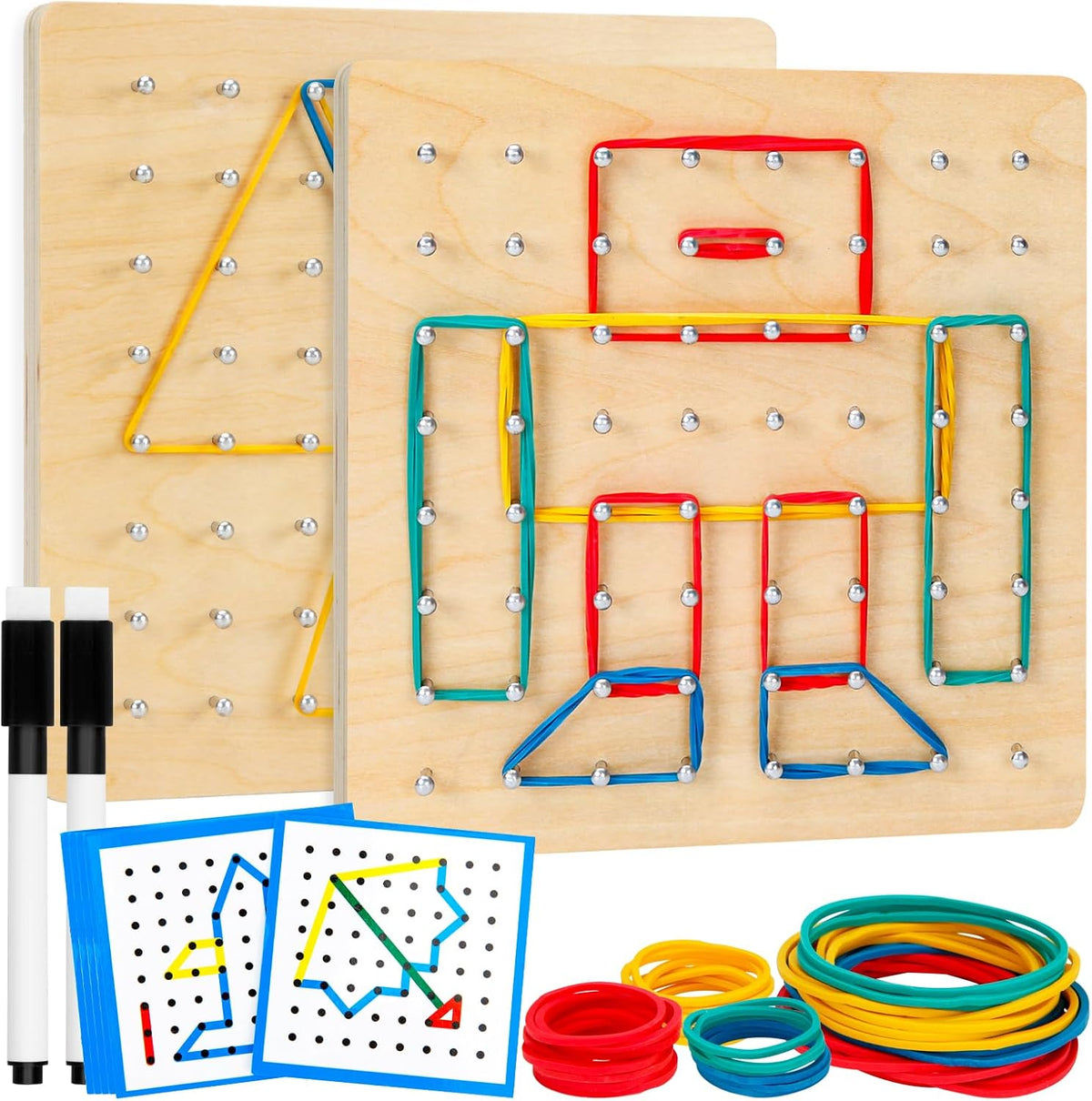 Heelwire wooden geoboard with colored rubber bands stretched into shapes and pattern cards