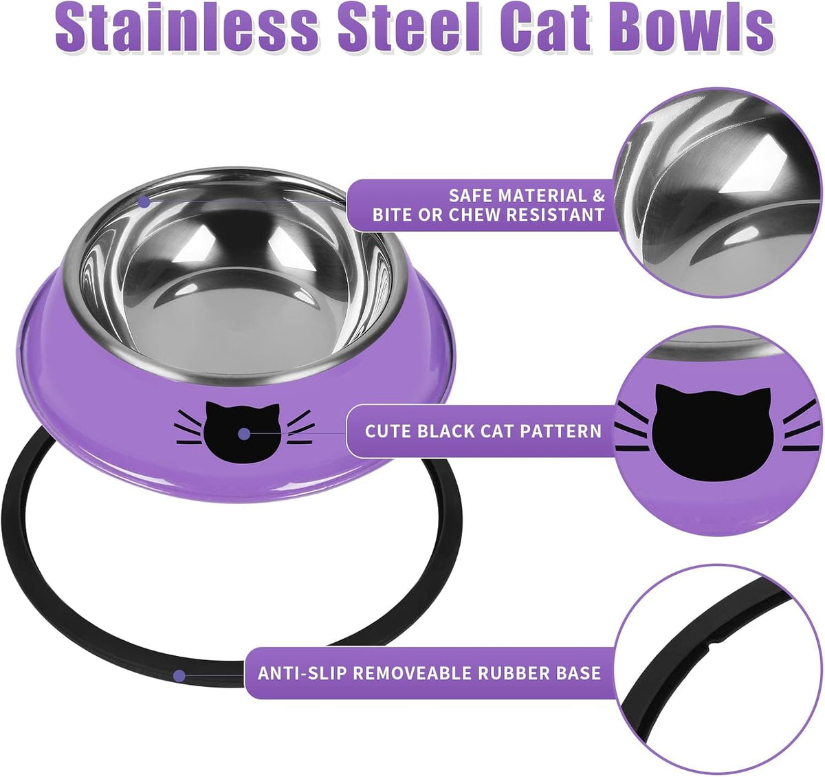Serentive 2 Pcs Non-Slip Stainless Steel Small Cat Food Bowls - Purple, Green, Orange / 7 oz - image 3