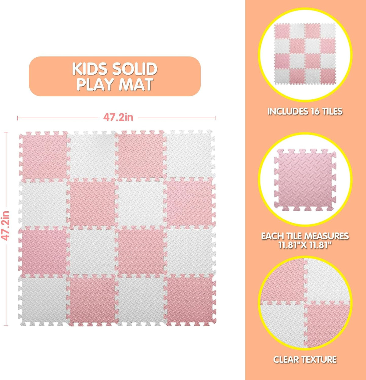 16 Tiles Foam Play Mat, Soft & Safe EVA Foam Mats for Floor - White/Loli Pink - image 2