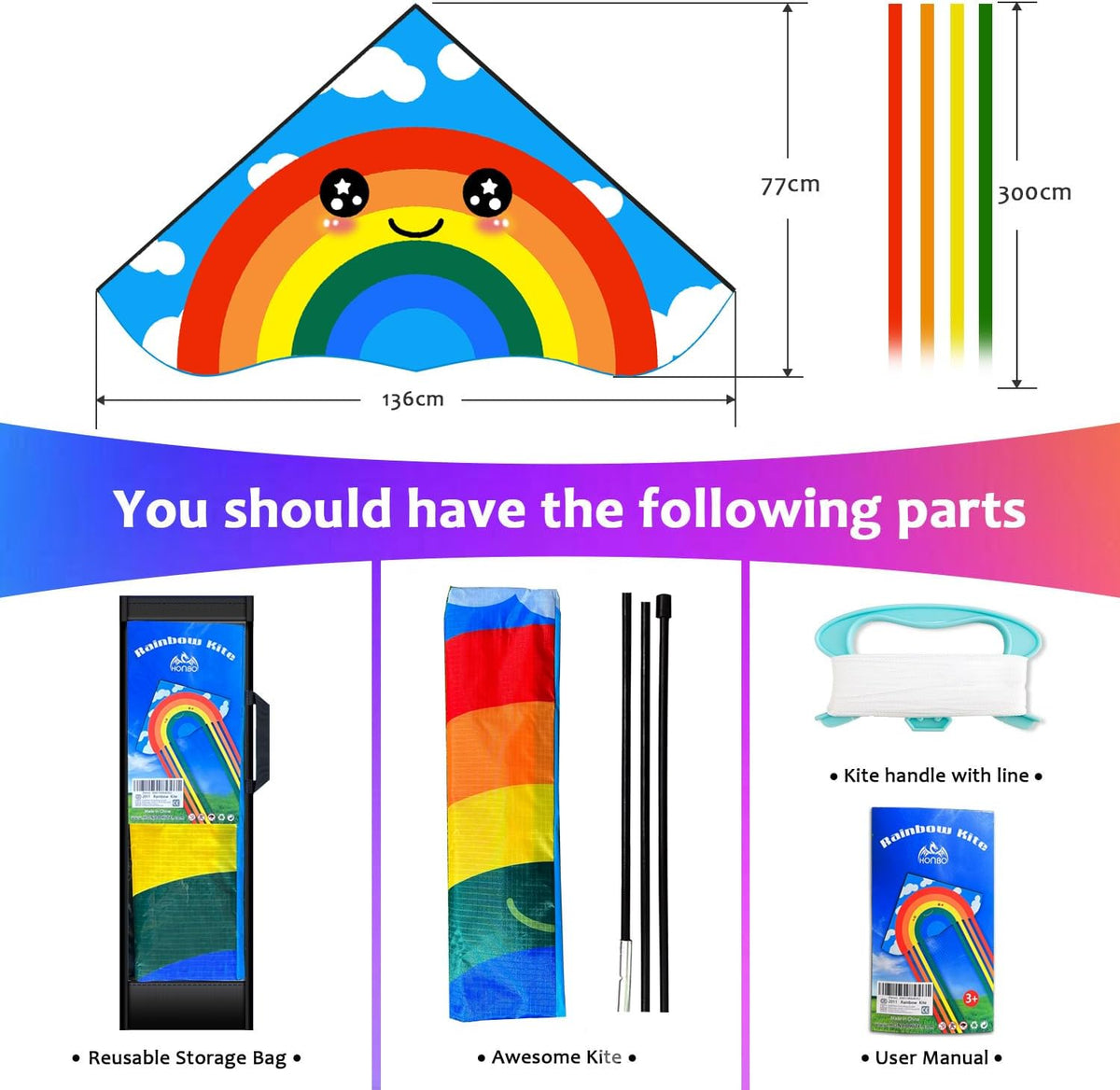 HONBO Large Delta Kite for Kids & Adults - Multi-tails - image 2