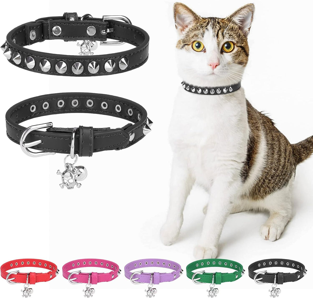 Leather Cat Collar, Breakaway Kitten Collars with Bell, Black – Essentials for Small Pets - Black_Studded / 7"-9" For Cats(Pack of 1)