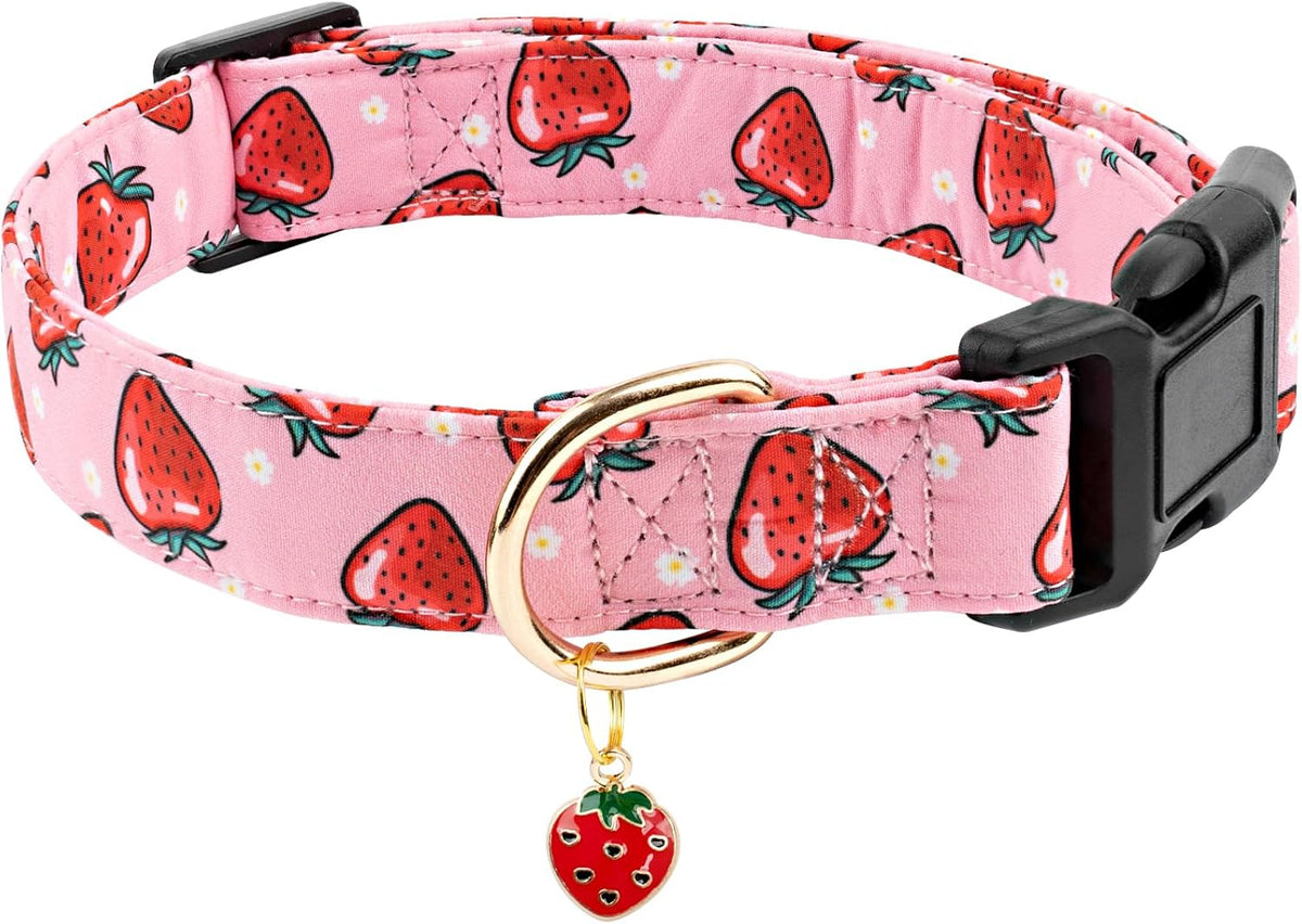 Cotton Designer Dogs Collar Cute Flower Dog Collars for Girl Female - Pink Strawberry / L