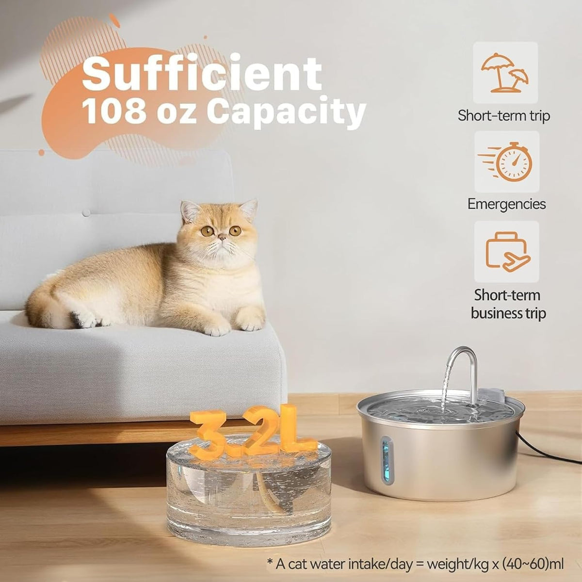 Cat Water Fountain Stainless Steel: 2.2 L Cat Fountain for Drinking - 108oz Cat Water Fountain - image 2