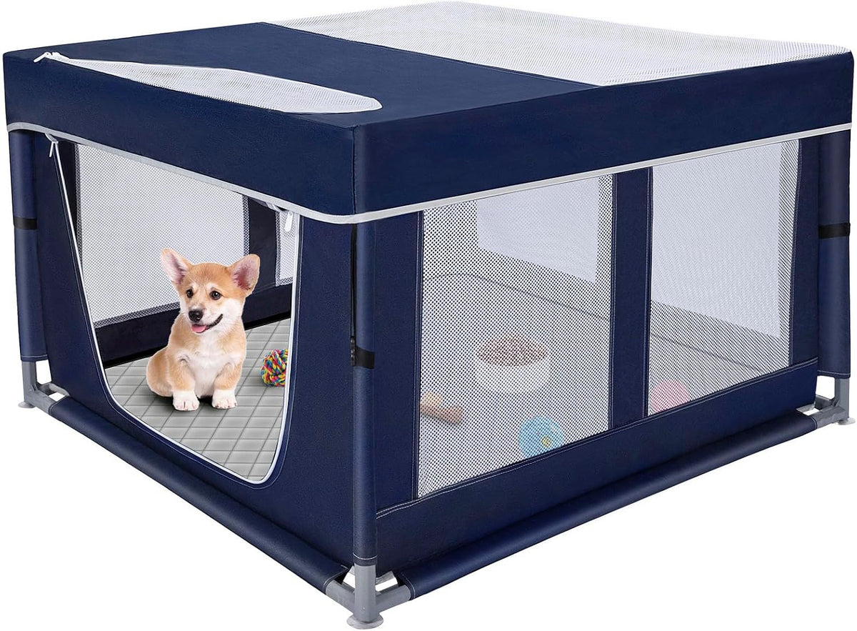 Puppy Playpen Indoor for Dog Small Pets - Royal Blue / 42inch Dog Playpen with Top and Pee Pad