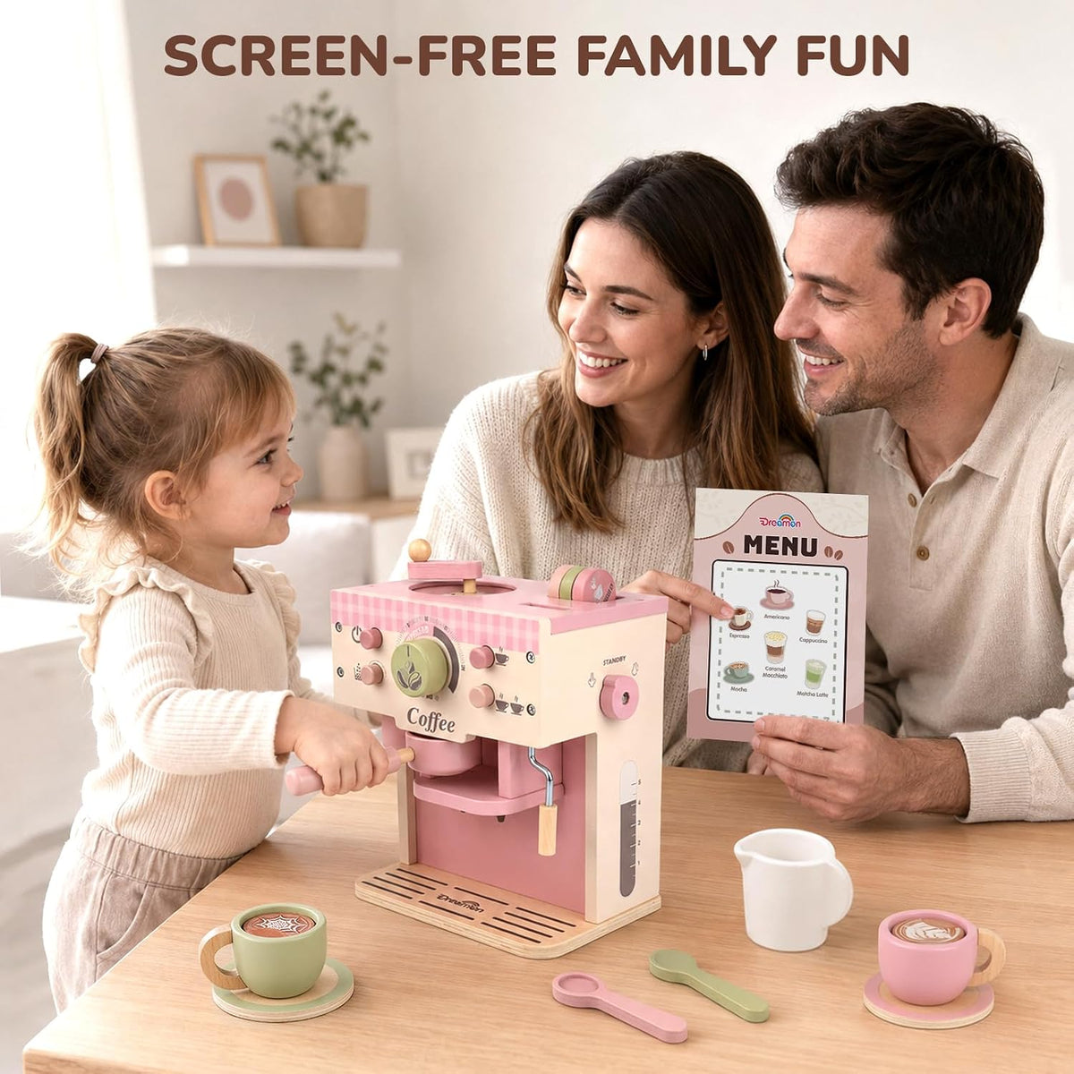 Dreamon wooden toy coffee maker set in green with cups, saucers and capsules - view 5