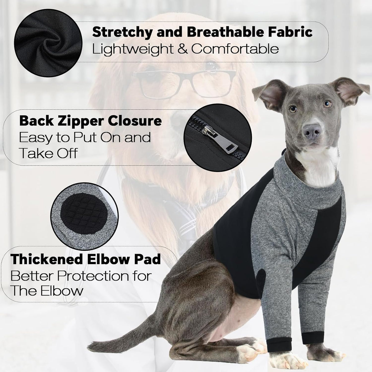 Lelepet black dog front leg sleeve, size M, with elbow pads and back zipper - view 2