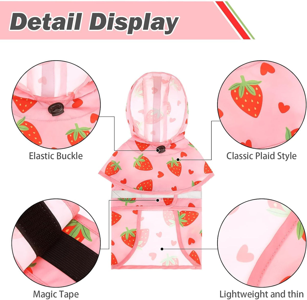 Dog Raincoat Hooded Slicker Poncho with Leash Hole - S:10-15lbs / Strawberry Pink - image 3