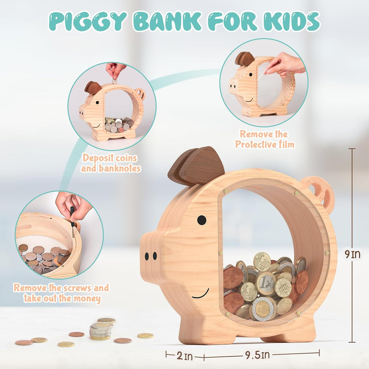 KMC wooden piggy bank for kids with clear acrylic front panel in pink - view 6