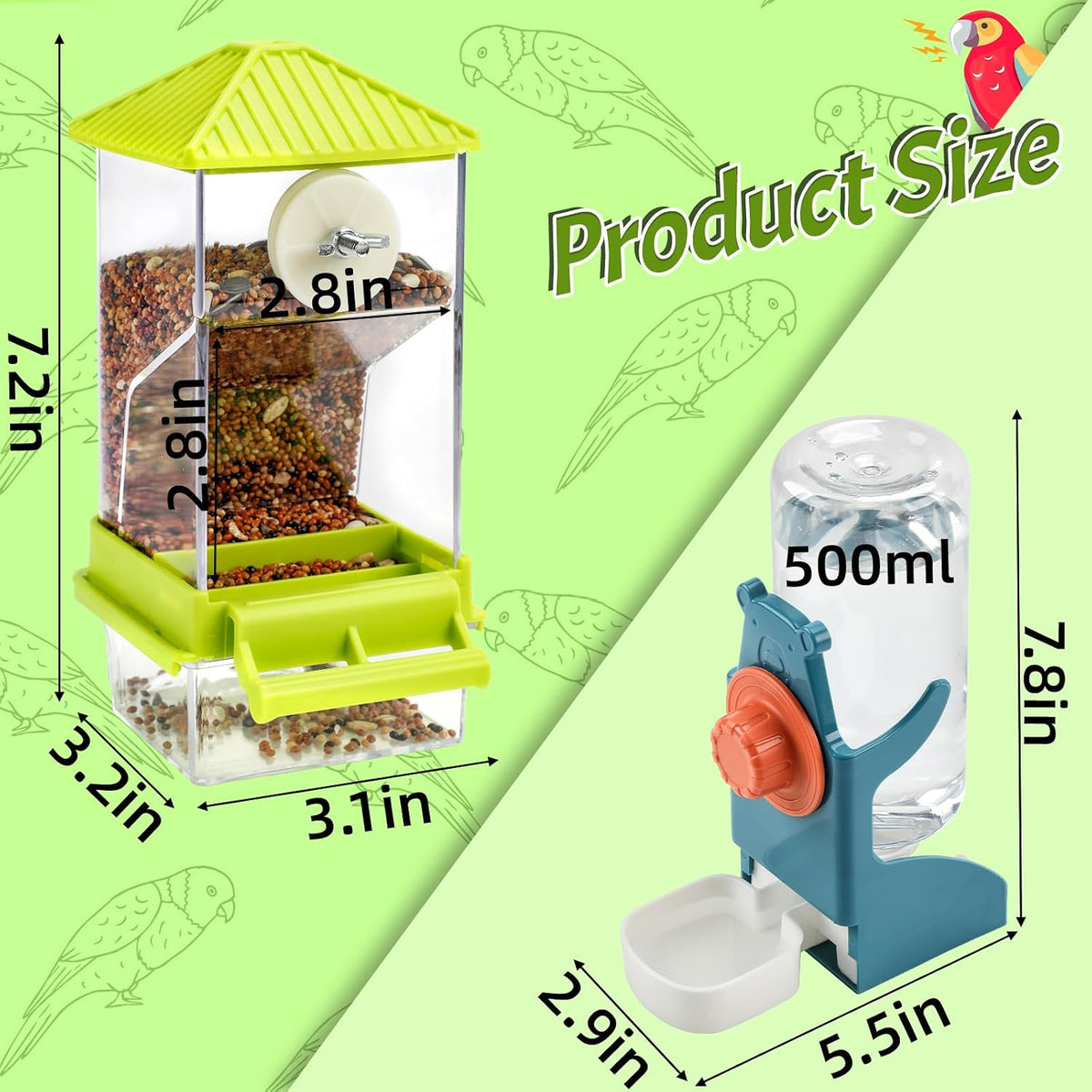 No-Mess Automatic Bird Feeder, Parakeet Cage Accessories – Essentials for Birds - A80 Green Feeder + Drinking Bottle - image 2