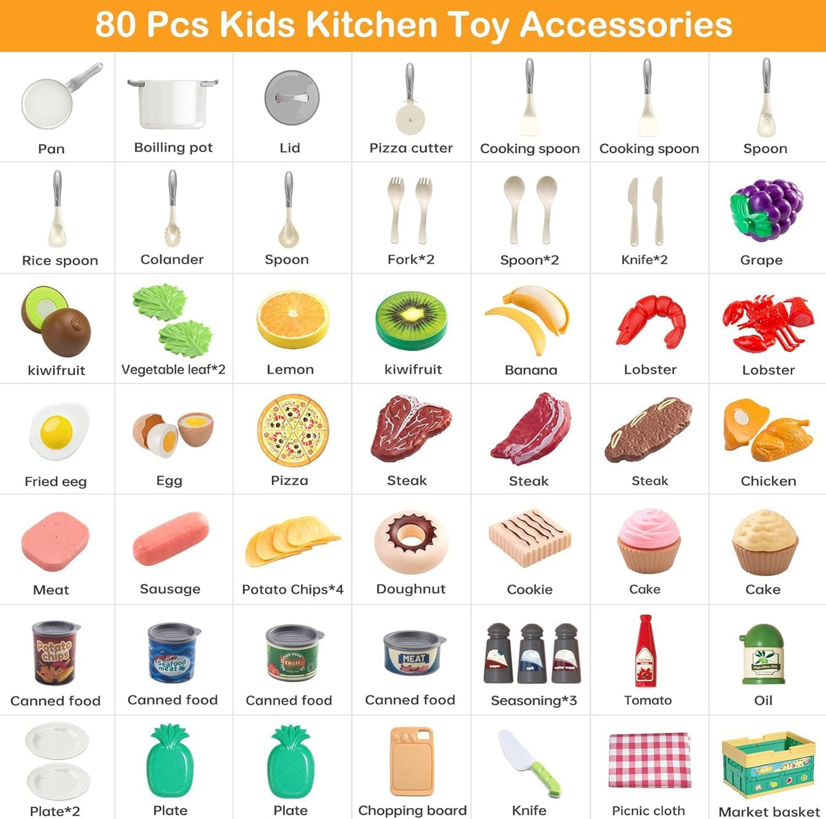 130Pcs Kitchen Playset, Toddler Pretend Cooking Play Pots, Pans - White / 80 Pcs - image 4