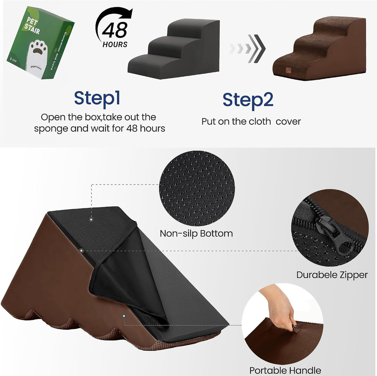 Dog Stairs for Small Dogs, 3-Step Pet Steps for Couch Sofa - Brown / 3 / 3-Step (22.4"D x 15.7"W x 15.7"H) - image 4