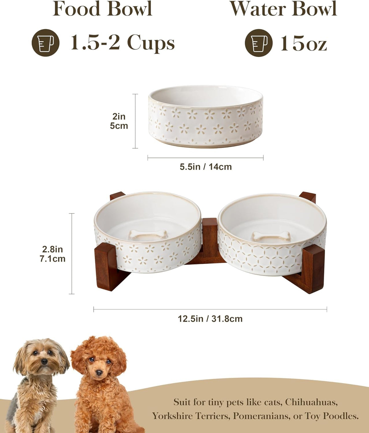 MALACASA Dog Bowl Set, Ceramic Bowls with Walnut Wood Stand - Five-leaf Grass+Honeycomb / 2 Cups - image 2