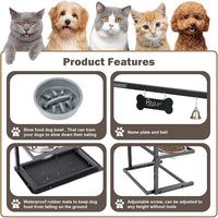 Elevated Slow Feeder Dog Bowls - Raised for Large Dogs, Adjustable Height, 2 Stainless Steel Bowls, Spill Proof Mat, Grey