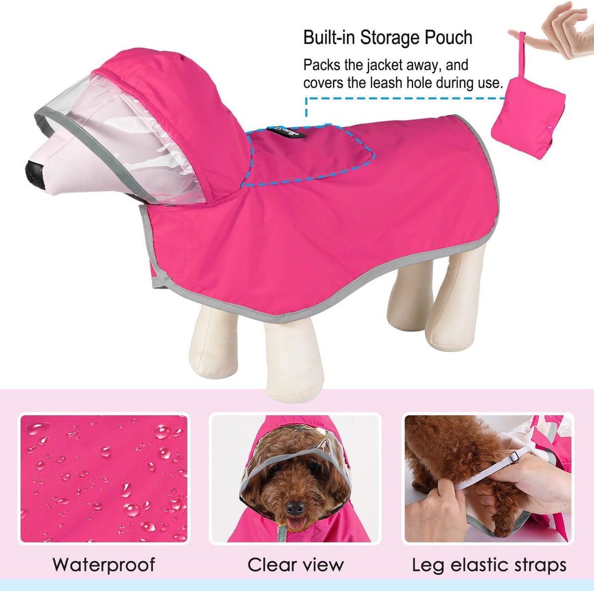 Lukovee Dog Raincoat, Waterproof Jacket with Clear Hood & Leash Hole, M – Essentials for Dogs - Fuchsia / 2X-Large - image 3