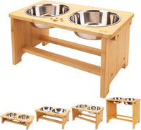 HTB Elevated Dog Bowls,Raised Dog Bowl Stand with 2 Stainless Steel Bowls,Elevated Raised Dog Bowls - large-10"tall,48 Oz bowl / Bamboo
