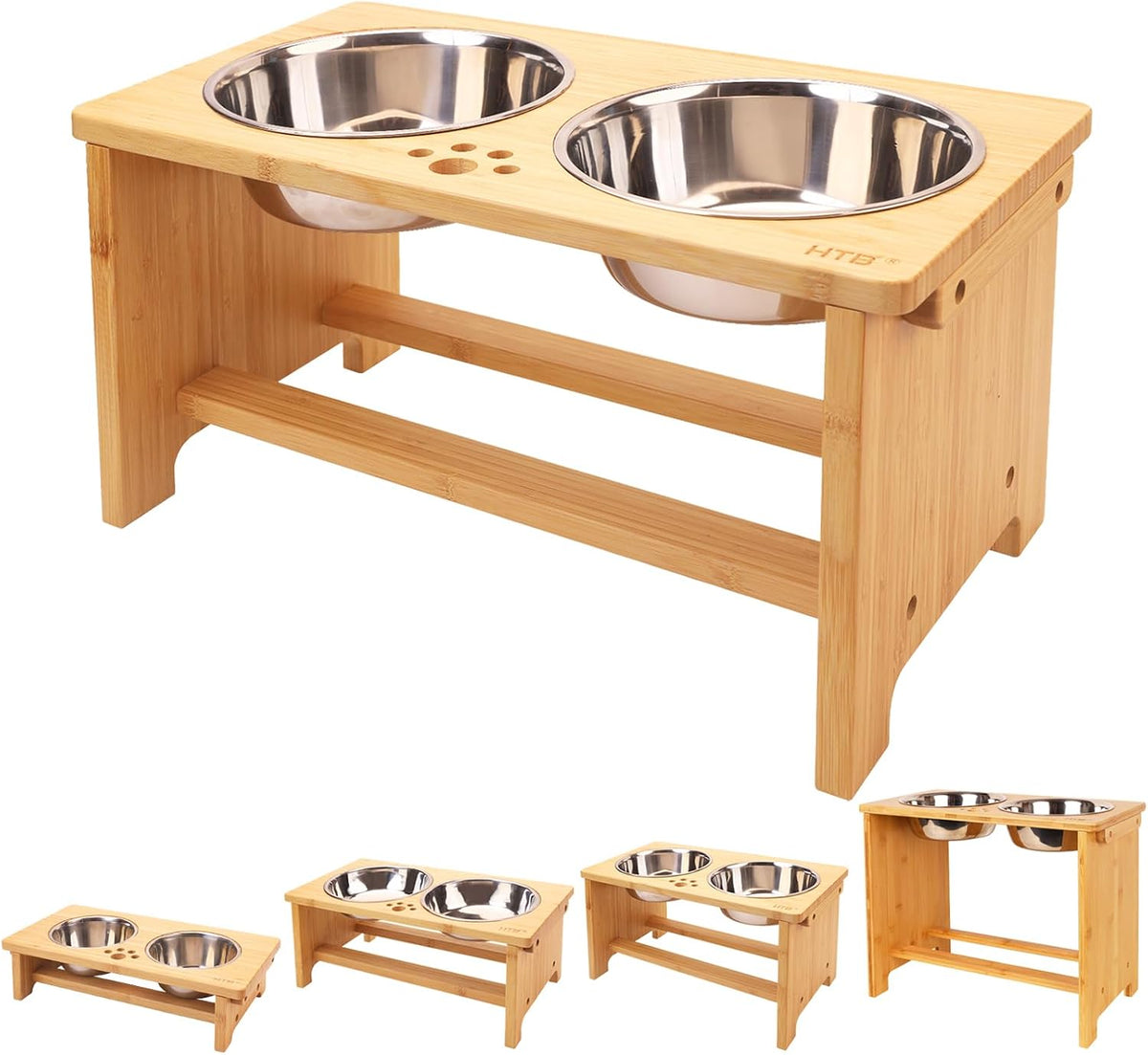 HTB Elevated Dog Bowls,Raised Dog Bowl Stand with 2 Stainless Steel Bowls,Elevated Raised Dog Bowls - large-10"tall,48 Oz bowl / Bamboo