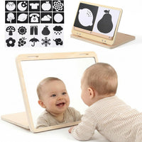 IEATFO wooden tummy time mirror with black-and-white high-contrast baby cards