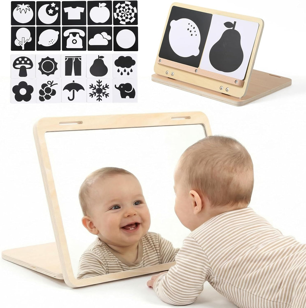 IEATFO wooden tummy time mirror with black-and-white high-contrast baby cards