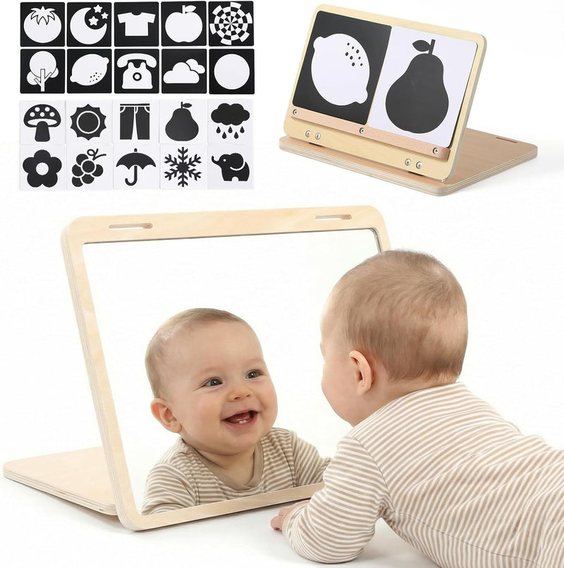 IEATFO wooden tummy time mirror with black-and-white high-contrast baby cards
