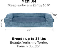 Furhaven Pillow Dog Bed for Medium/Small Dogs w/ Removable Bolsters & Washable Cover - Faux Fur & Velvet Sofa - Harbor Blue, Medium
