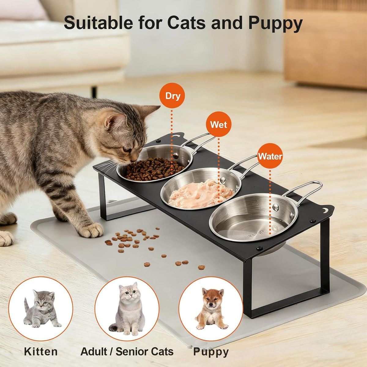 Elevated Cat Bowls with Food Mat - Black-3Bowls-Handles - image 3