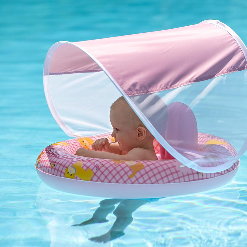 Swimbobo inflatable baby swim float with seat and canopy in beige dog design