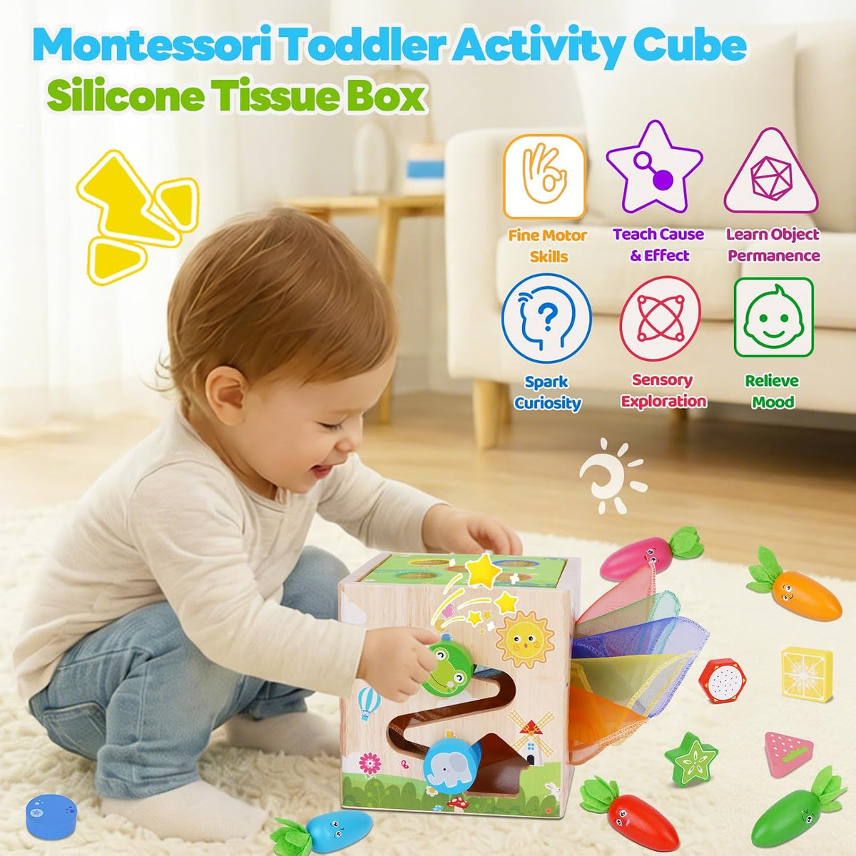 KMTJT 7-in-1 wooden activity cube with bead maze, learning clock and shape sorter - view 7