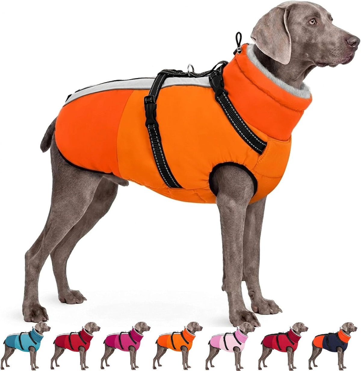 Large Dog Coat Waterproof Dog Winter Jacket with Harness TurquoiseL – Essentials for Dogs - Orange / Large