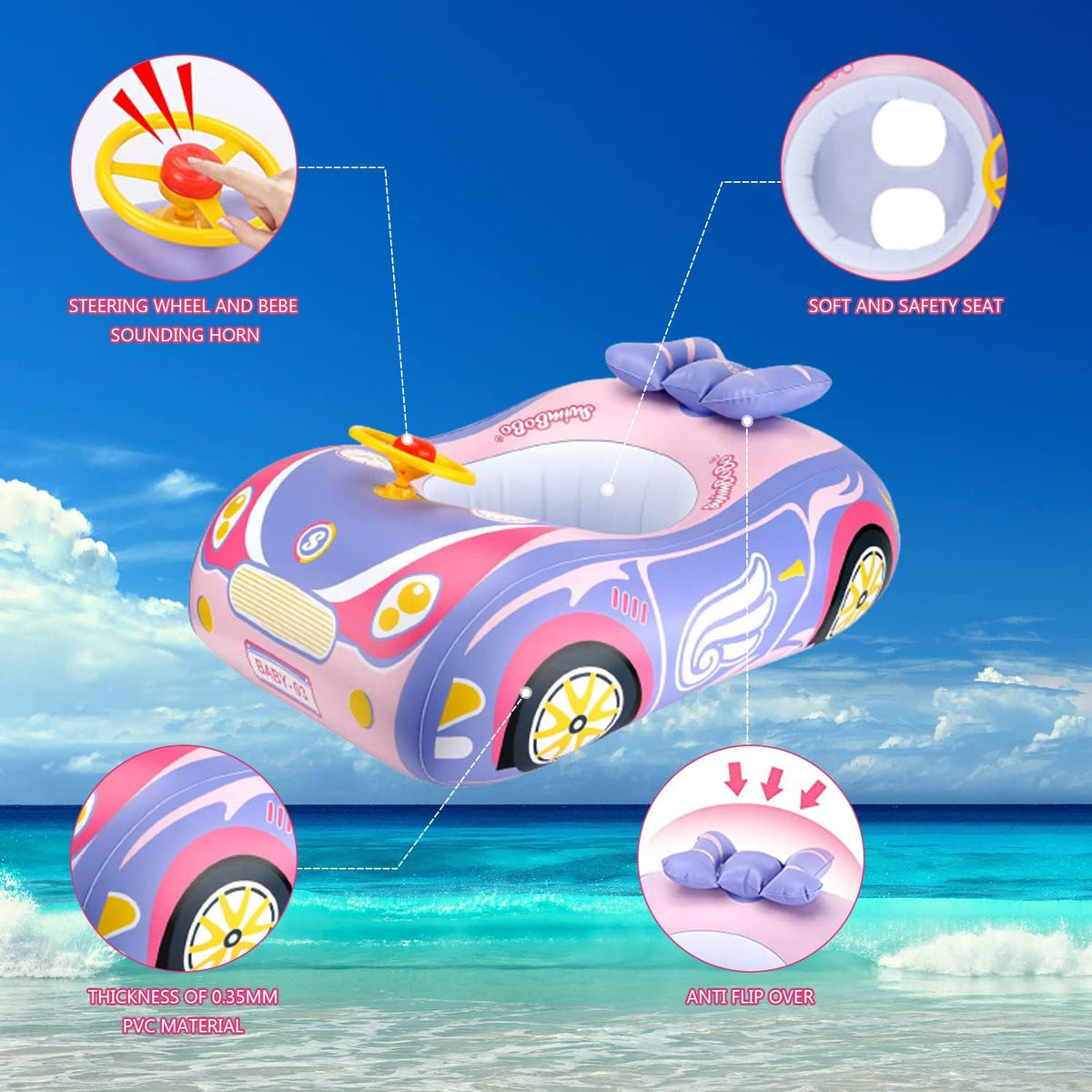 BOffer inflatable baby pool float shaped like a car with steering wheel and horn - view 10