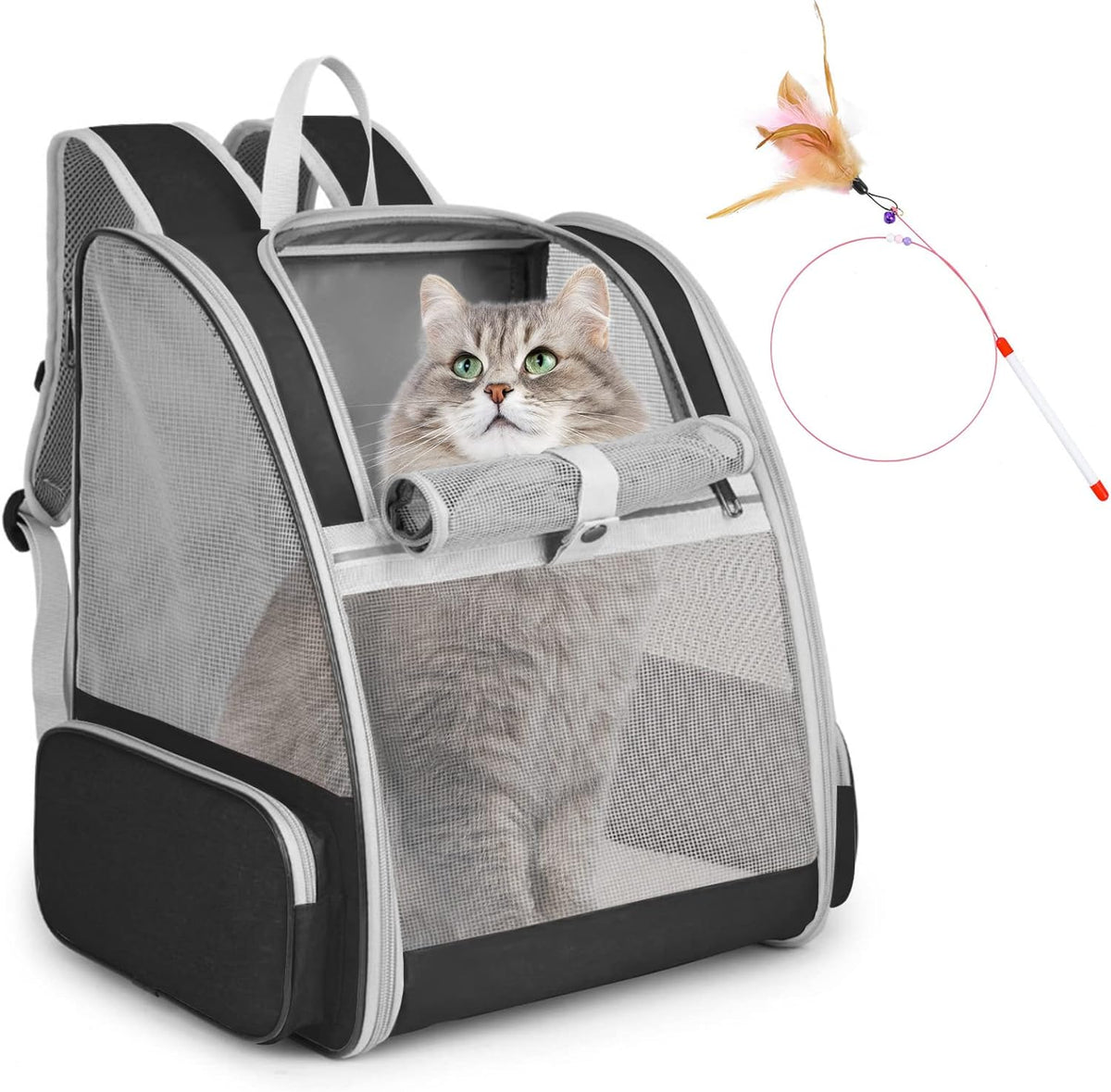 Cat Backpack Carrier, Small Dog Carrier Backpack with Fully Ventilated Mesh, Kitten Wand Feather - Black