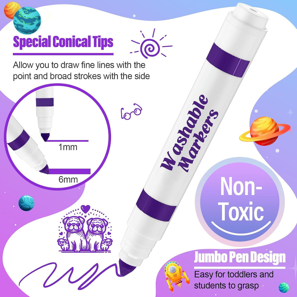 Janlaugh washable markers bulk pack of 24 broad line markers with conical tips - view 13