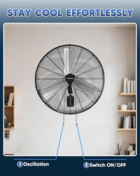 KEN BROWN 30 Inch Industrial Oscillating Wall Mount Fan - 7497 CFM High Velocity, Heavy Duty Metal Construction, 2 Speed Settings, Black