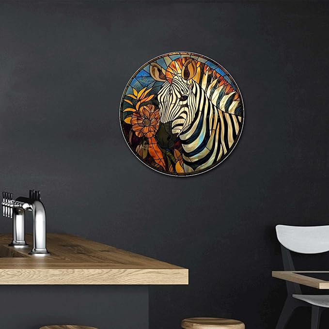 Lygond Metal Sign Tin Sign Circular Stained Glass Zebra Home Decor for Bar 12×12 Inches