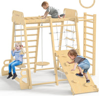 BlueWood Upgraded Indoor Jungle Gym 9-in-1 Playground Kids Climbing - Natural Wood Color / 9-in-1