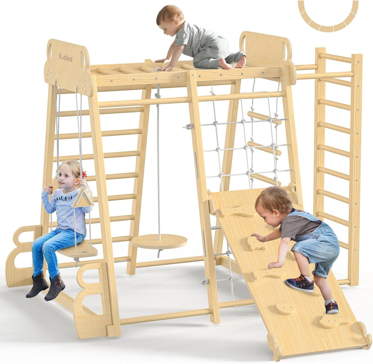 BlueWood Upgraded Indoor Jungle Gym 9-in-1 Playground Kids Climbing - Natural Wood Color / 9-in-1