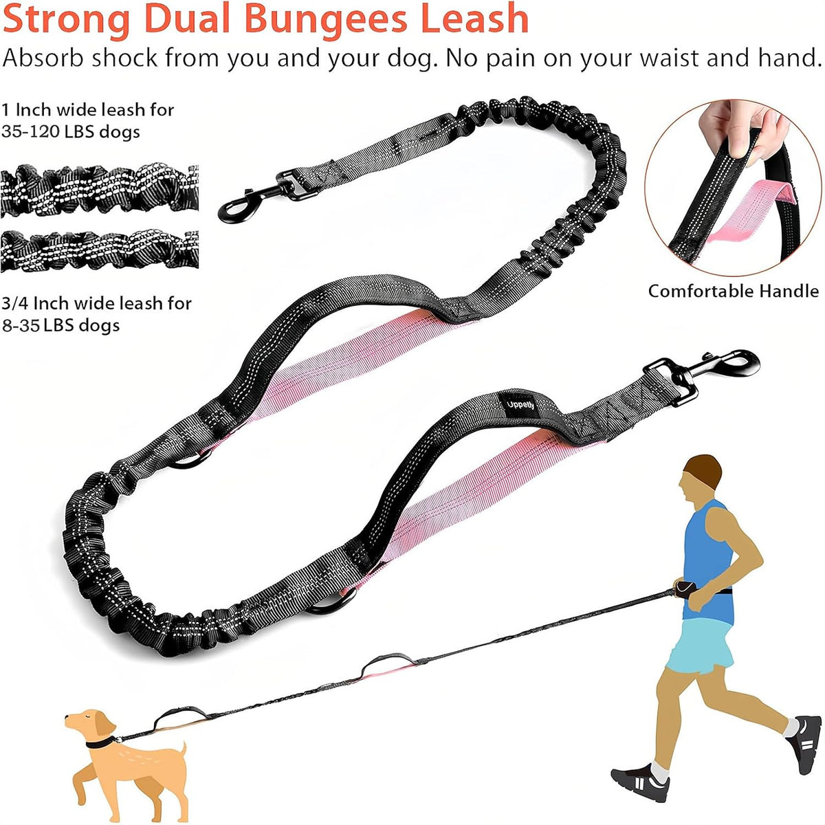 Uppetly Hands Free Dog Running Leash with Waist Belt - 2 dogs/Baby Pink / Medium - image 4