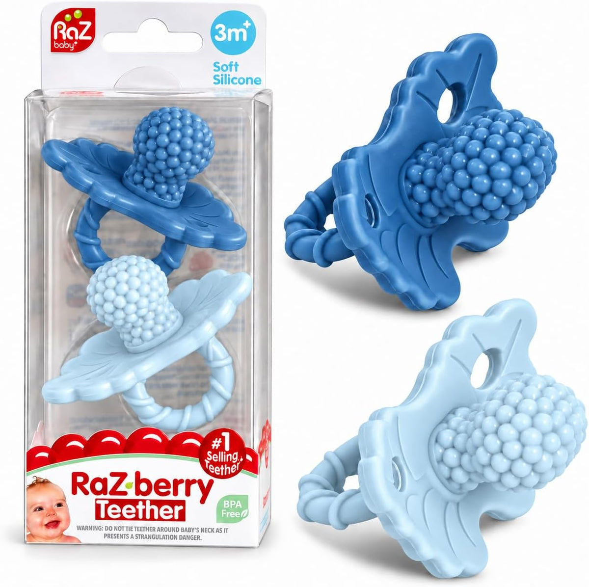 RaZbaby RaZberry Silicone Baby Teether Toy - Dark Blue & Light Blue / 2 Count (Pack of 1)