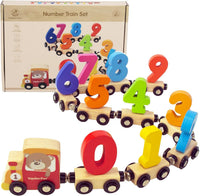WOODENFUN magnetic wooden number train set with colorful numbered cars linked in a row