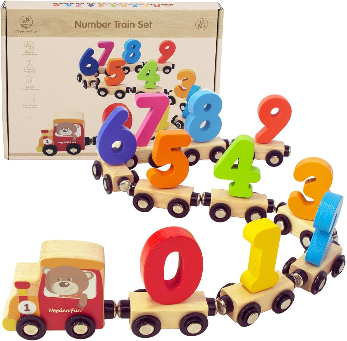 WOODENFUN magnetic wooden number train set with colorful numbered cars linked in a row