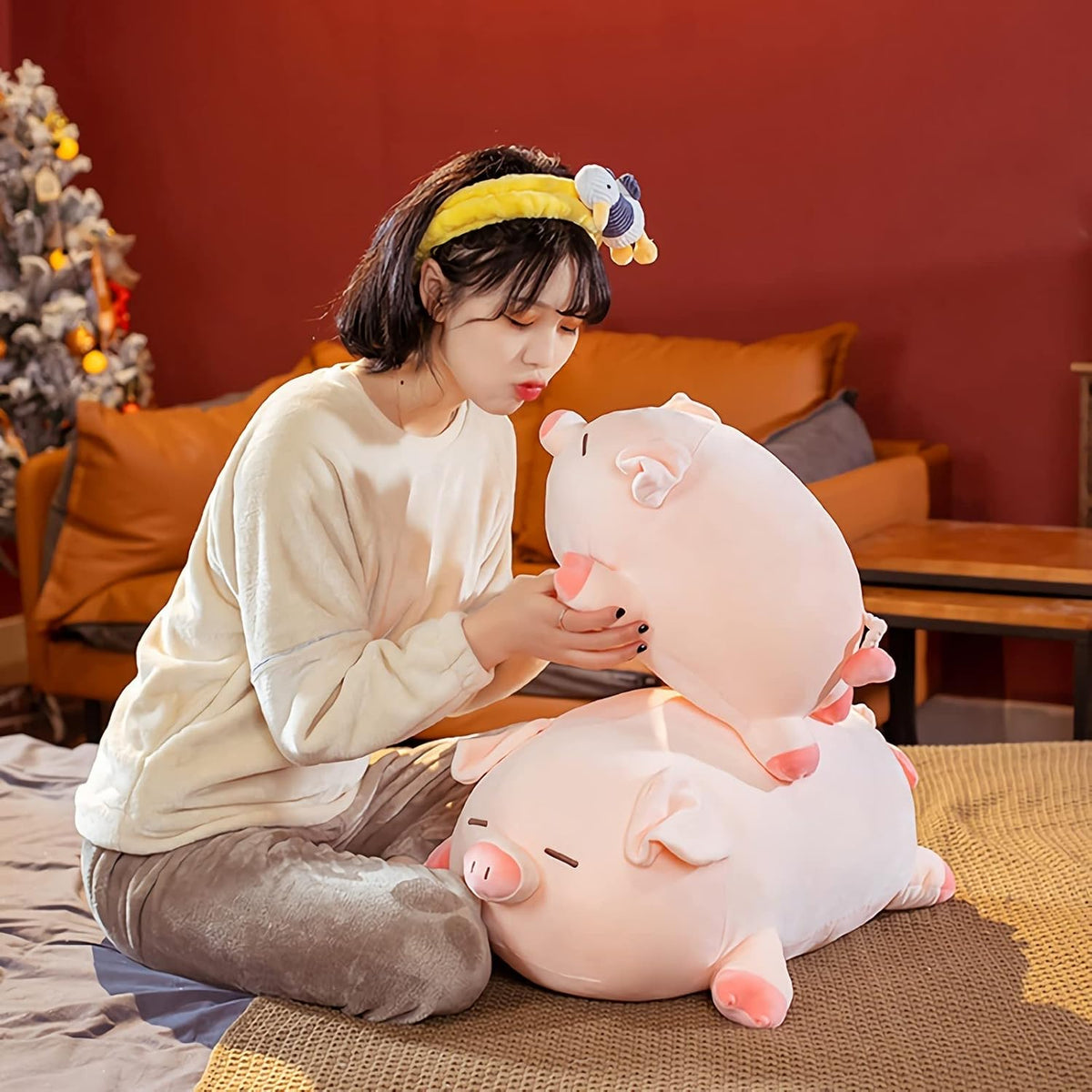CHDGIOHA 15.7 inch pink kawaii pig stuffed animal plush pillow with round eyes - view 7