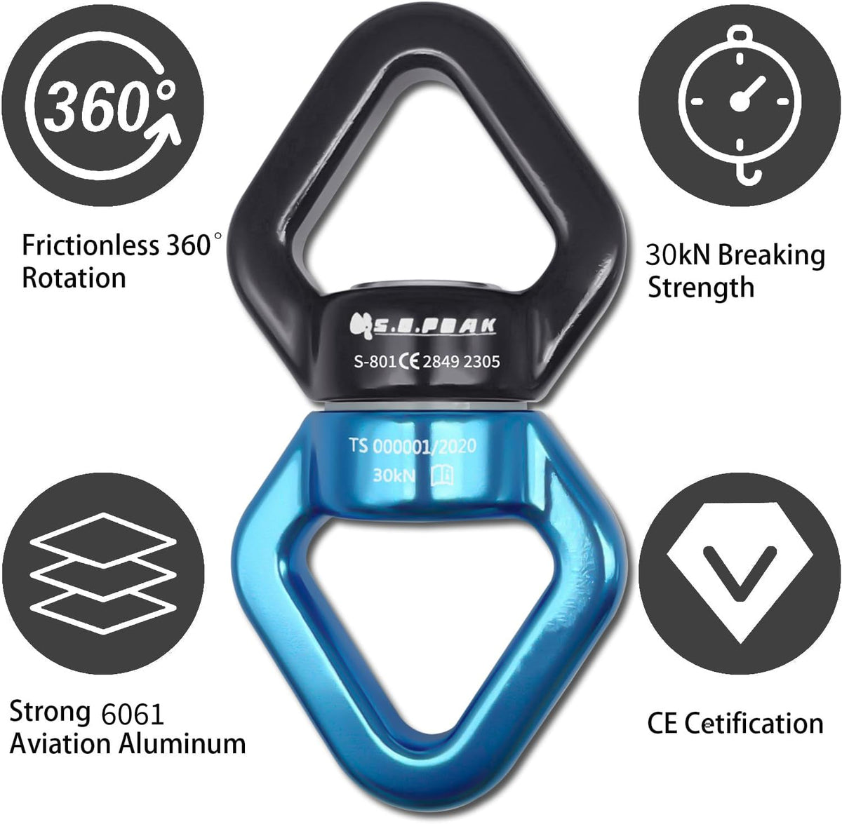 S.E.PEAK black anodized aluminum 35kN swing swivel with 360 degree rotation - view 17