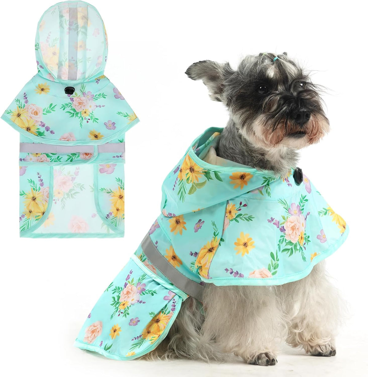 Dog Raincoat Hooded Slicker Poncho with Leash Hole - S:10-15lbs / Flower Green
