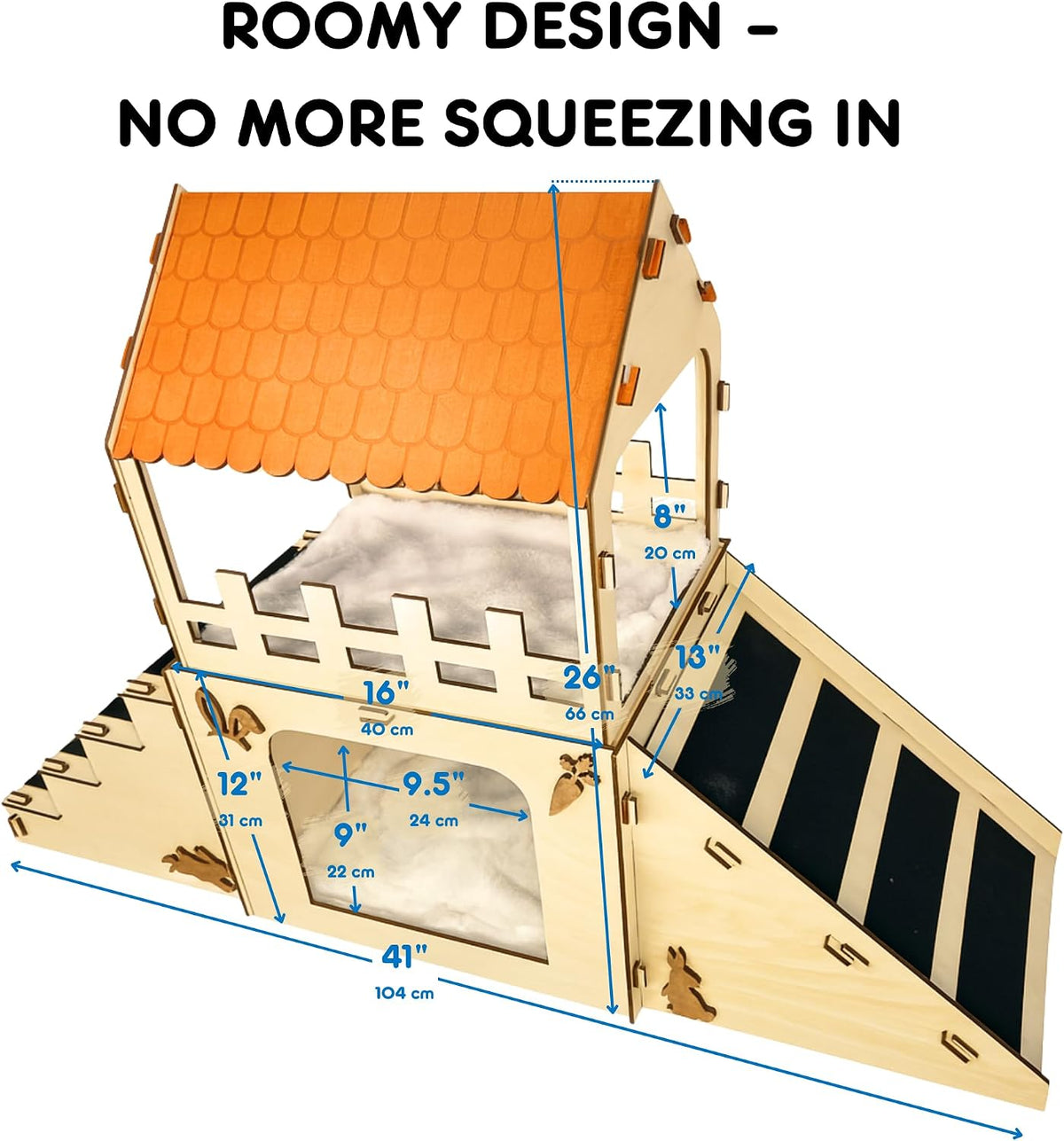 Extra Large Bunny Hideout, Wooden Rabbit Castle with Fleece Mats – Essentials for Small Pets - Pet Safe Wood Joints - image 4