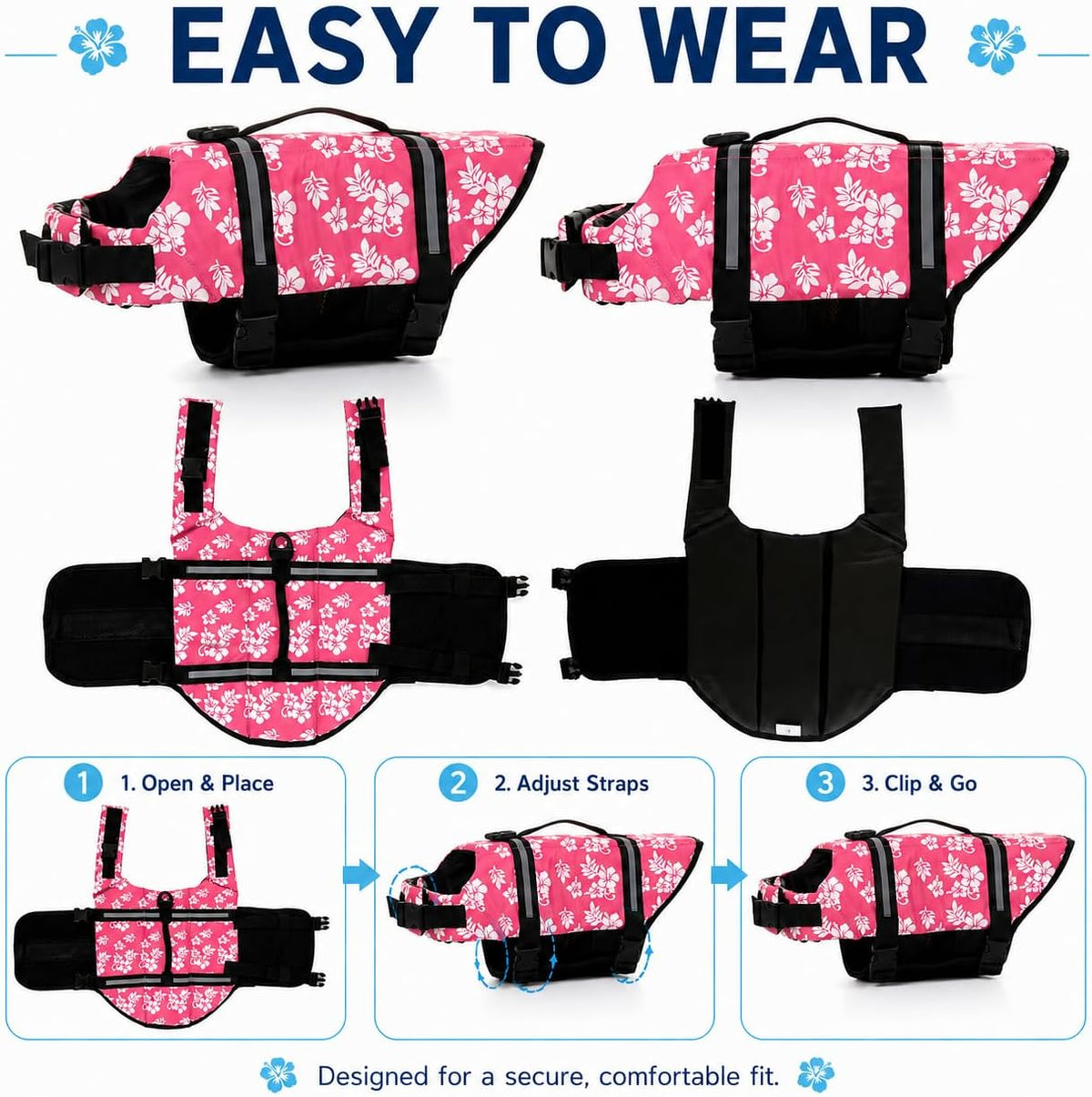 Dog Life Jacket Adjustable Dog Lifevest Swimsuit Safety Vest Apparel - A-Pink Flower / XXL:37-48 inch(Ribcage Girth) - image 2