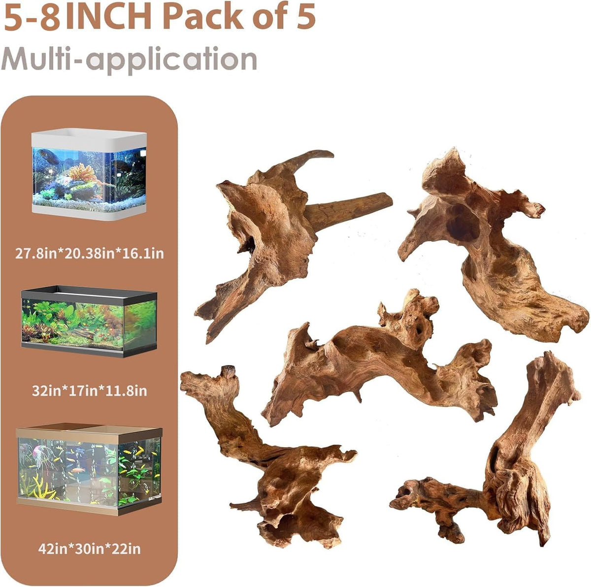 Natural Aquarium Driftwood for Fish Tank Reptile Terrariums Decor – Essentials for Fish - Mopani Driftwood 4 to 8 Inch (Pack of 5)