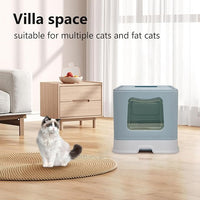 XL Foldable Cat Litter Box with Lid - Jumbo Enclosed Potty - Top Entry Anti-Splashing Toilet - Includes Scoop & 2-in-1 Cleaning Brush (Blue