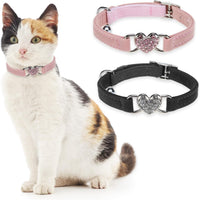BINGPET Diamond Cat Collar with Bell, Adjustable Kitten Collar - Pink & Black(Heart) / Neck Girth 8"-10"