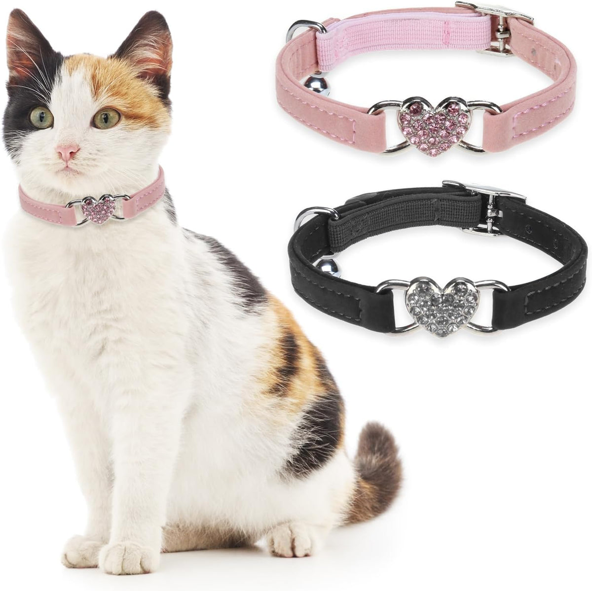 BINGPET Diamond Cat Collar with Bell, Adjustable Kitten Collar - Pink & Black(Heart) / Neck Girth 8"-10"