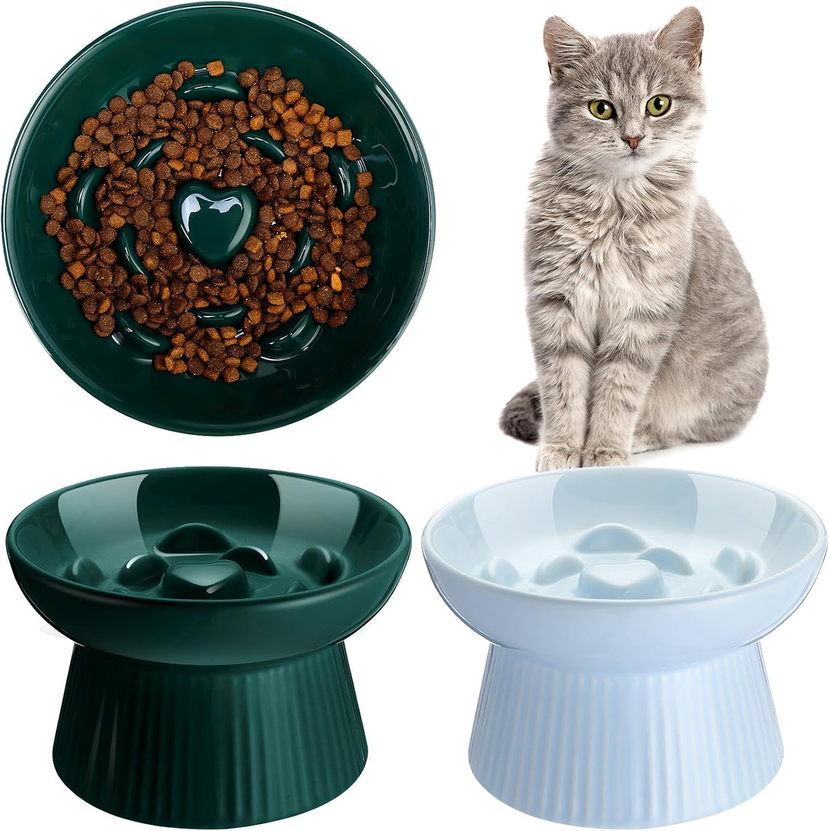 Tioncy 2 Pcs Ceramic Elevated Slow Feeder Cat Bowl - Dark Green, Blue / 2